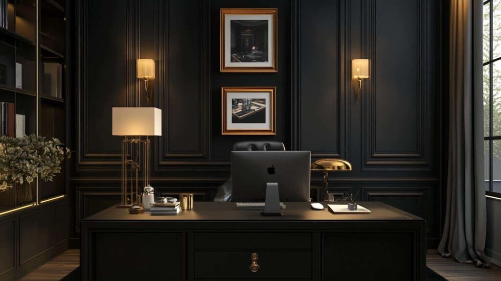Matte black wall and a black desk with brass lamp and light placed on it