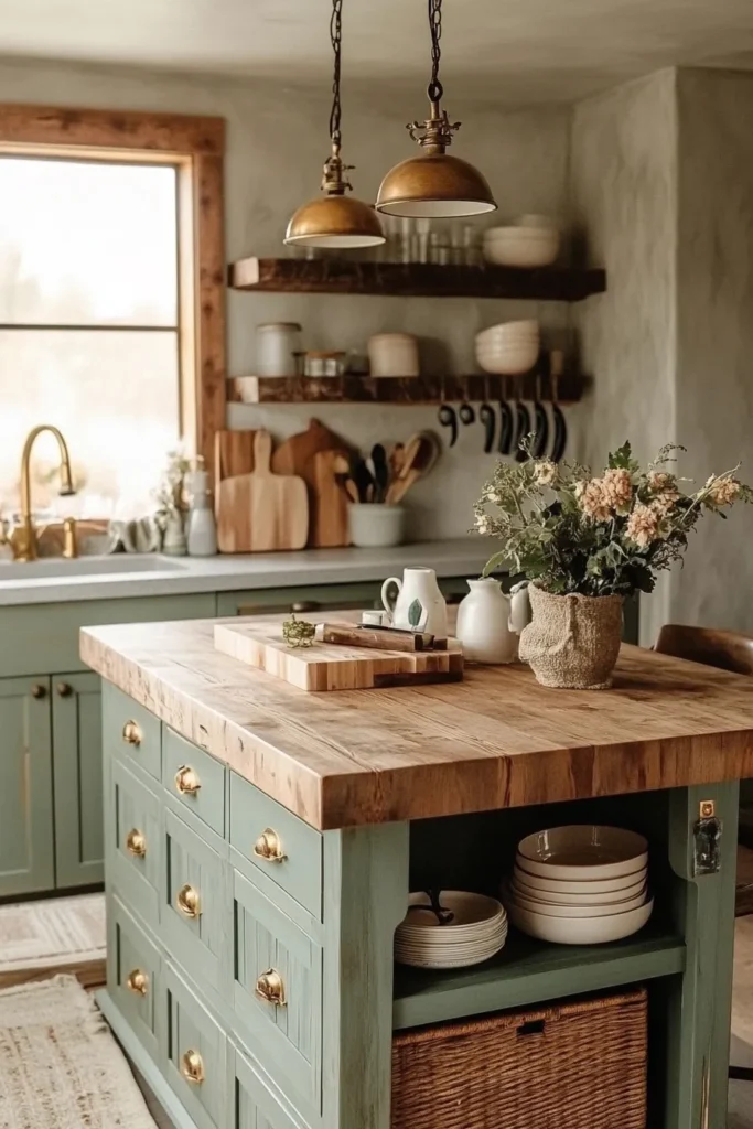 A sage green kitchen with wooden countertop with shelves