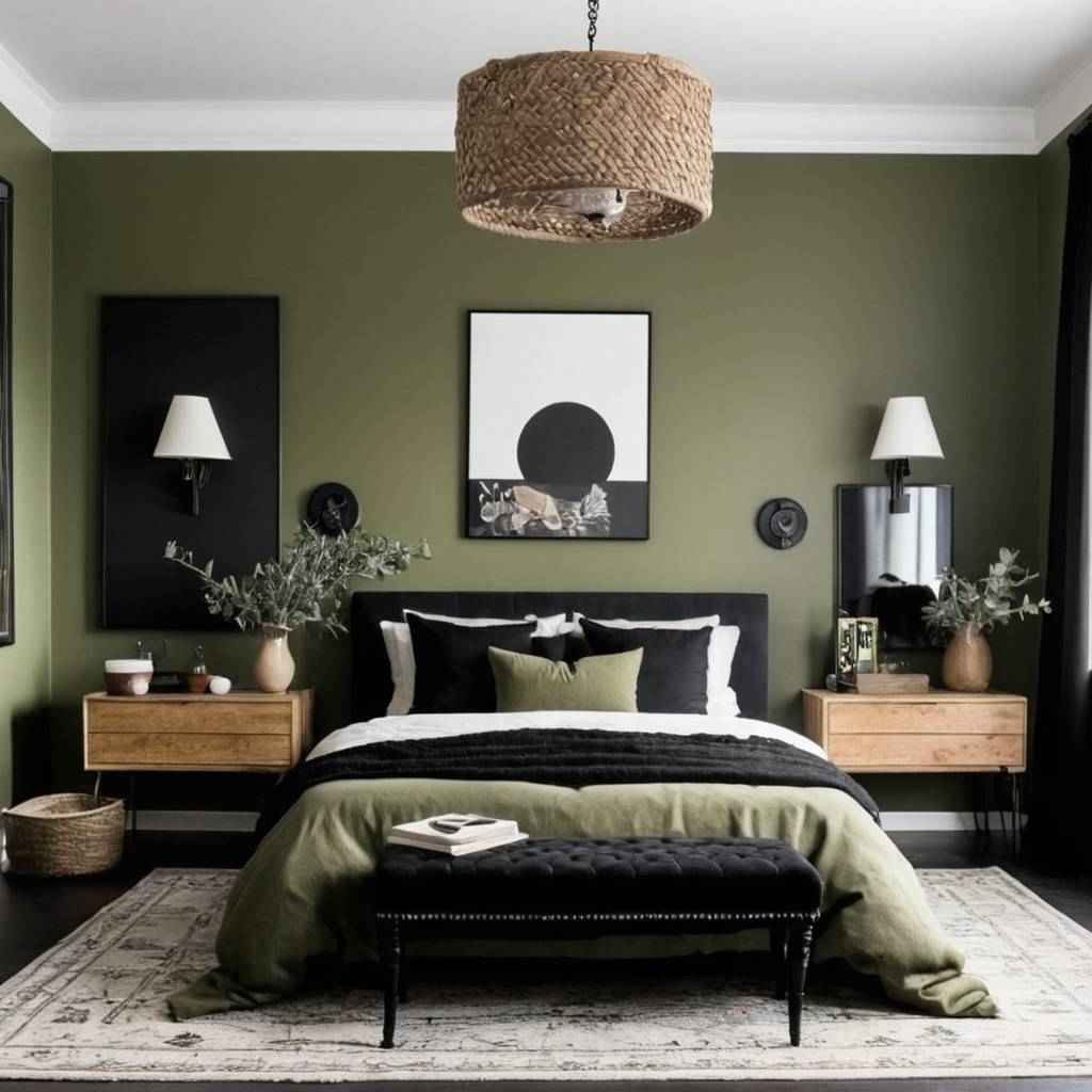 A olive green bedroom black bed and accents and rug