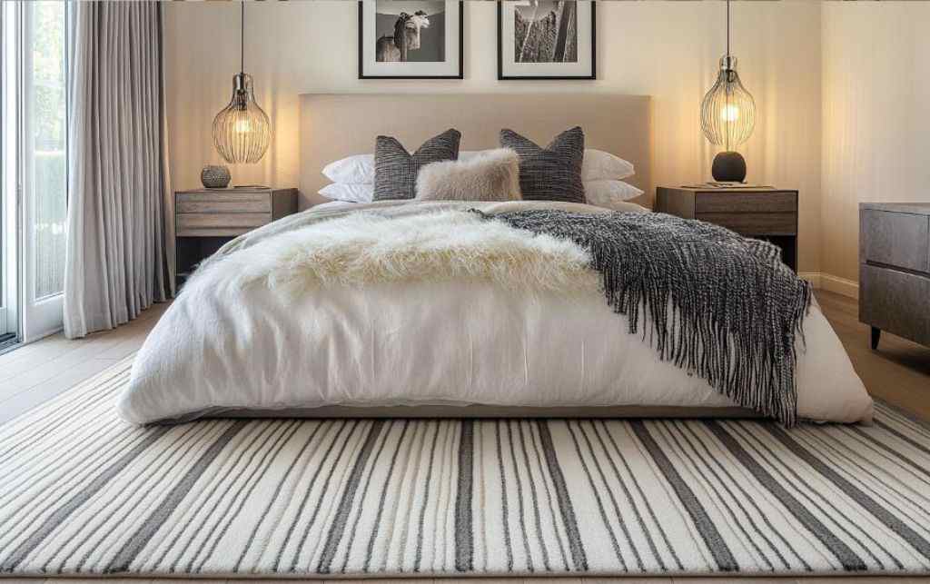A bedroom with striped rug on the floor with light on the wall