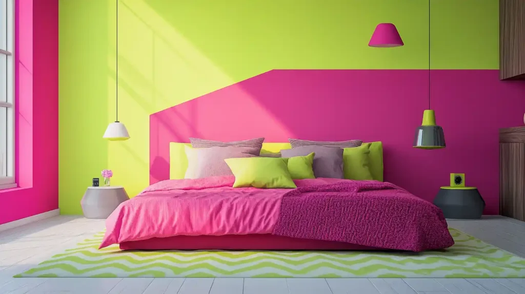A lime green and pink bedroom with floor and green rug on