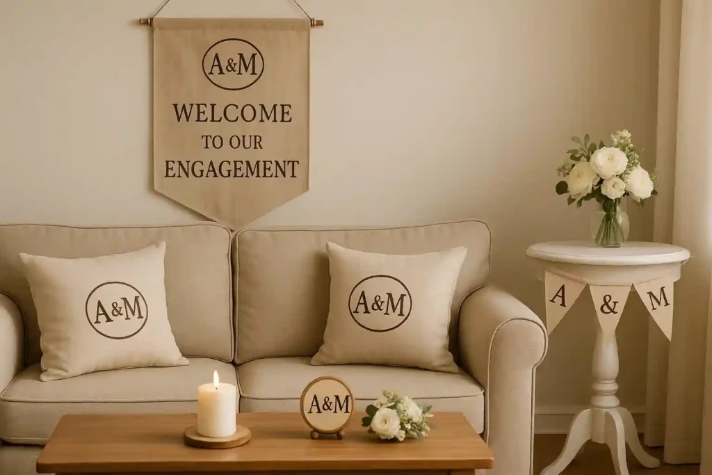A living room with monogrammed decor and wooden chairs