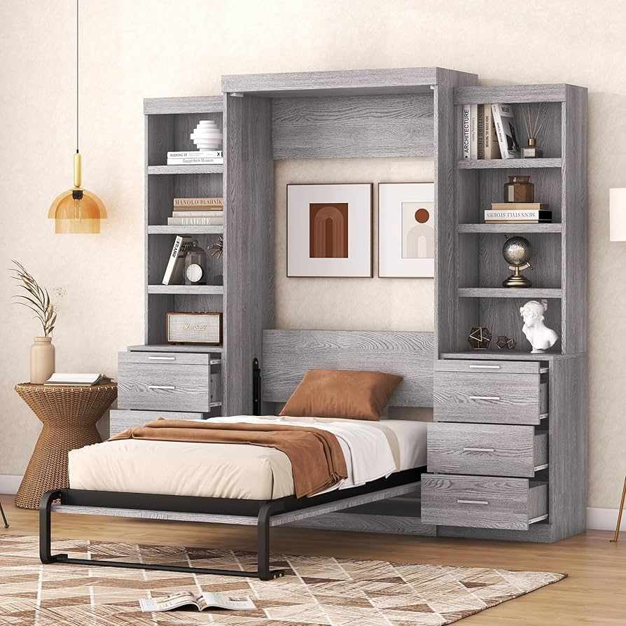A bedroom with bed and storage and wooden floor and rug on it 
