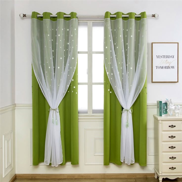 A green curtains and white tie