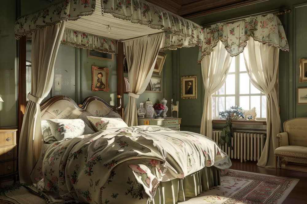 A sage green with canopy in bedroom with windows and curtains
