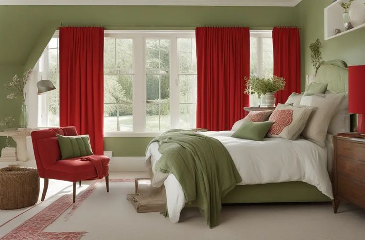 A sage green with red pop colour accents and chair