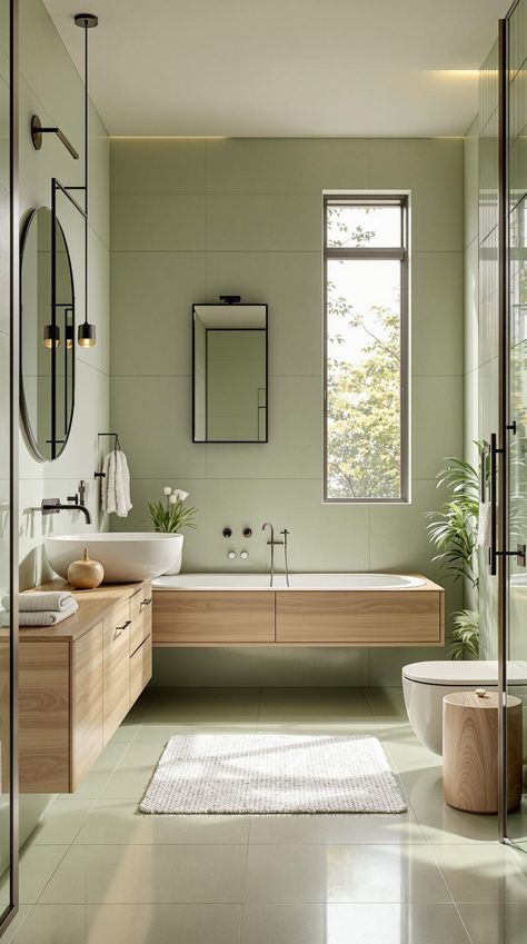 A green bathroom with wooden cabinets and white floor