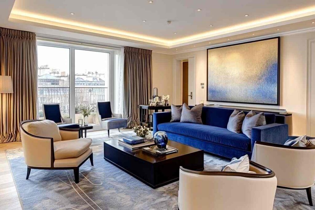 A living room with blue sofa and table and white windows and painting on the wall 