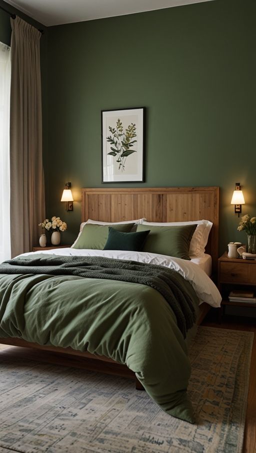 A olive green bedroom with wooden bed and lights on the wall and vaes on the side table