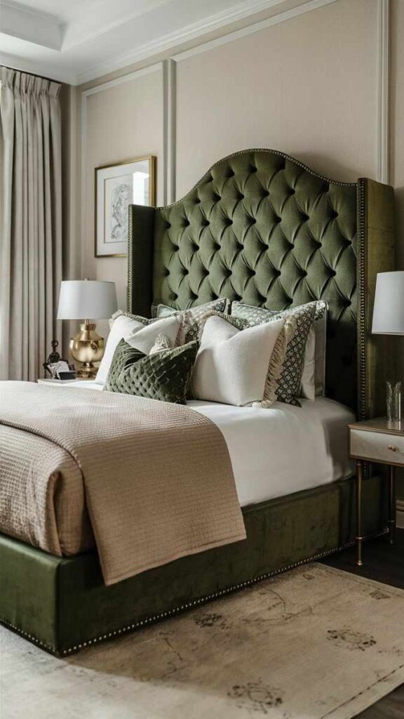 A olive green bed with upholstered headboard and gold framed frame and lamp on the side table