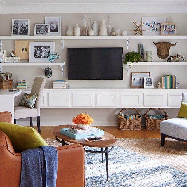 A small living room with shelves around the tv