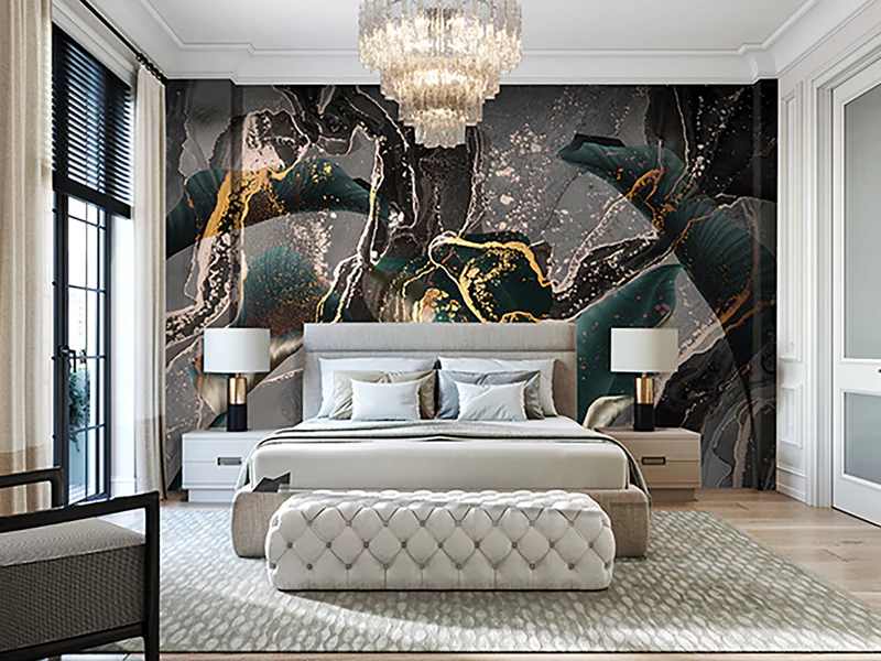 A bedroom with bold wallpaper and wooden floor and rug on it and windows 