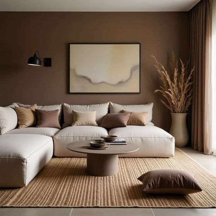 A brown living room with ru on thr floor and beige furniture