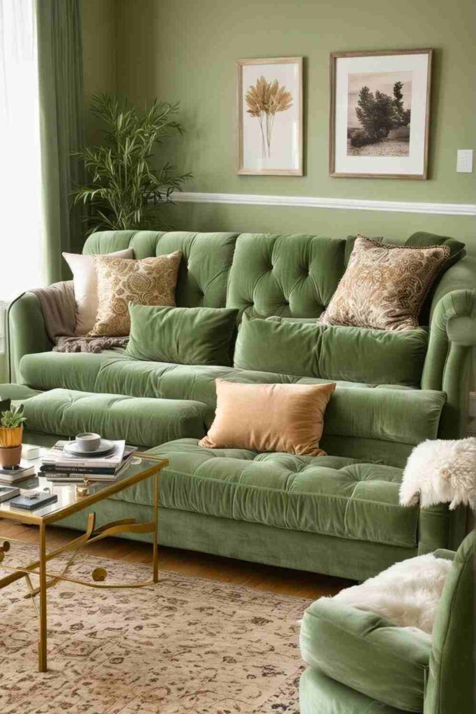 A sage green living plush furniture in sage green space