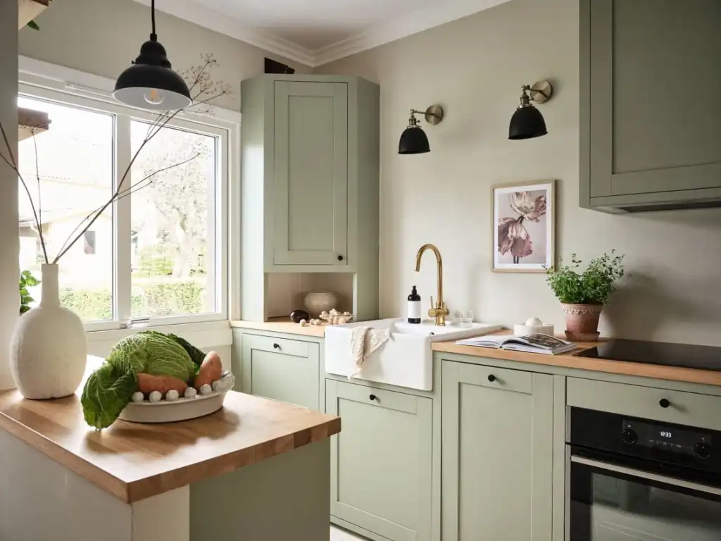 A sage green kitchen with wooden countertop and and white sink