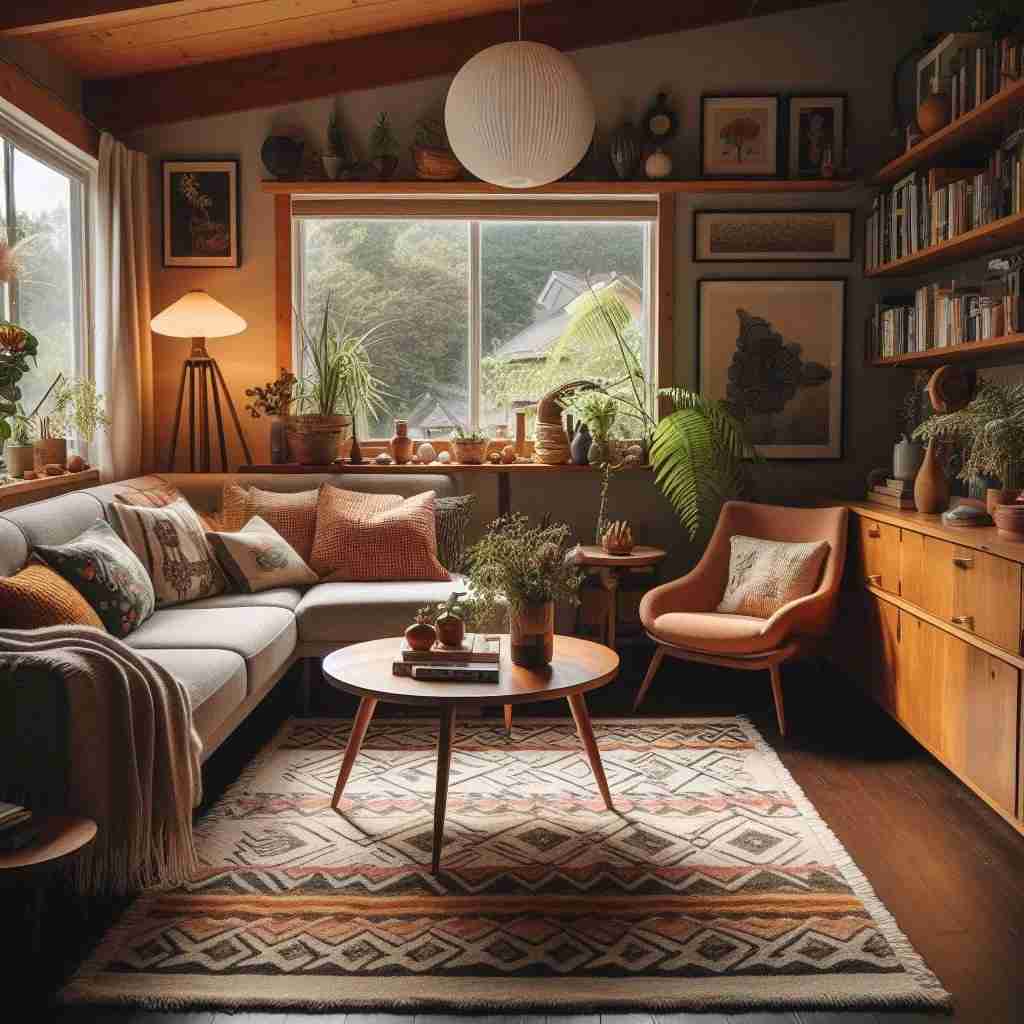 A mid century living room with wooden floor and windows