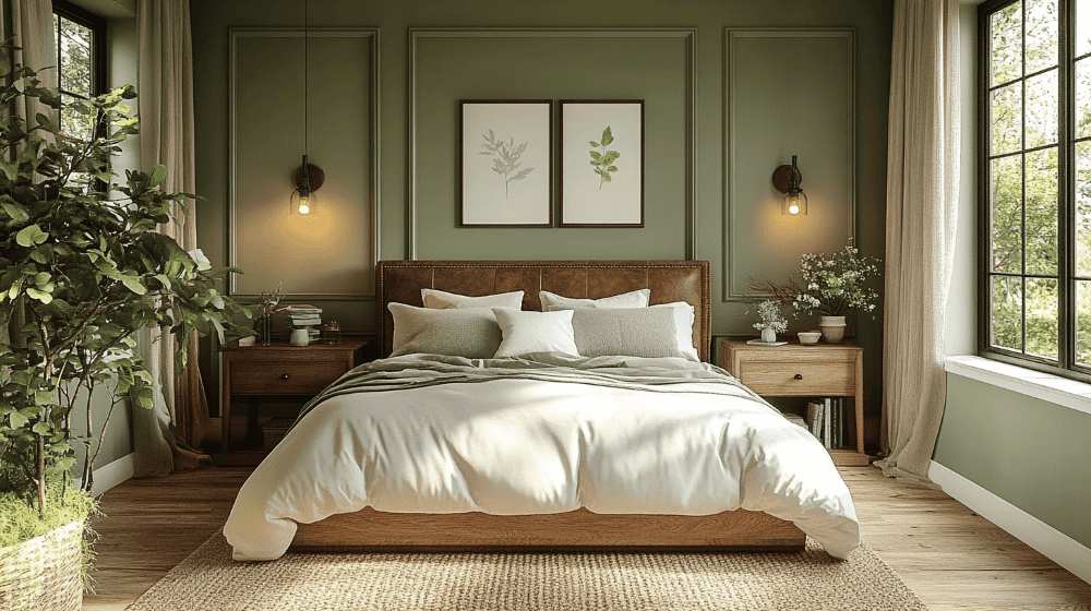 A sage green bedroom with wooden bed and rug on the floor
