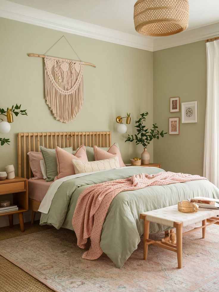 A sage green bedroom with pink accents and wooden floor