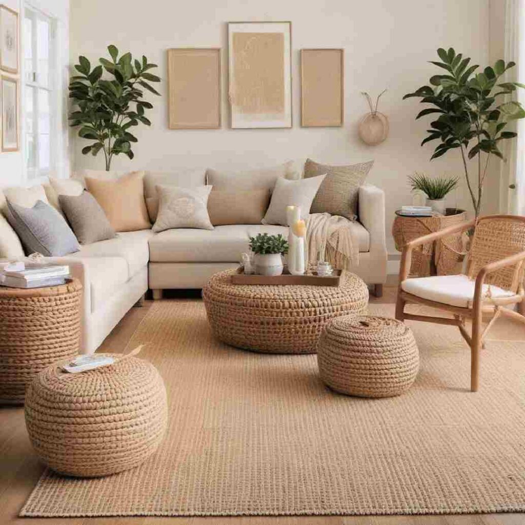 A beige living room with jute rug and table