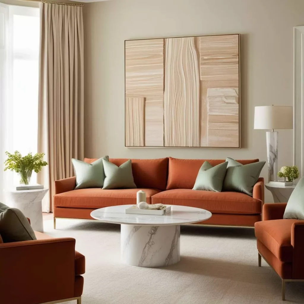 A beige living room with terracotta sofa white  white marble table 