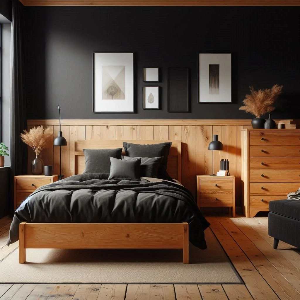 A black bedroom with wooden pair in black bedroom and wooden bed and floor