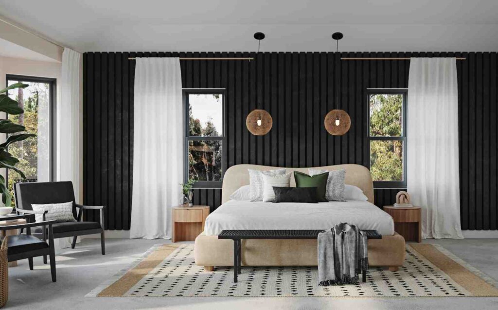 A black bedroom with white curtains and beige bed