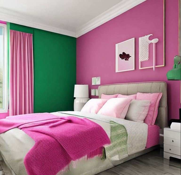 A pink and green bedroom with grey bedding