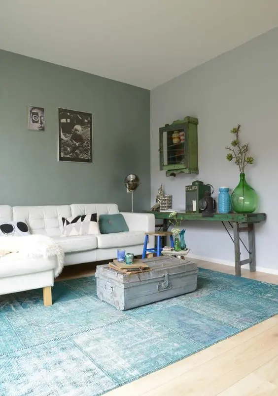 A grey and sage living room with white sofa and cushion