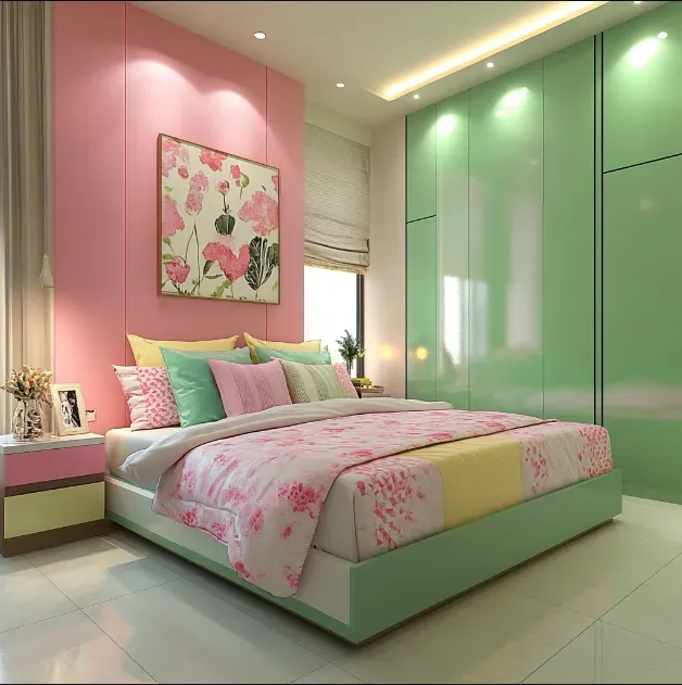 A pink and green bedroom with wooden floor painting on the wall