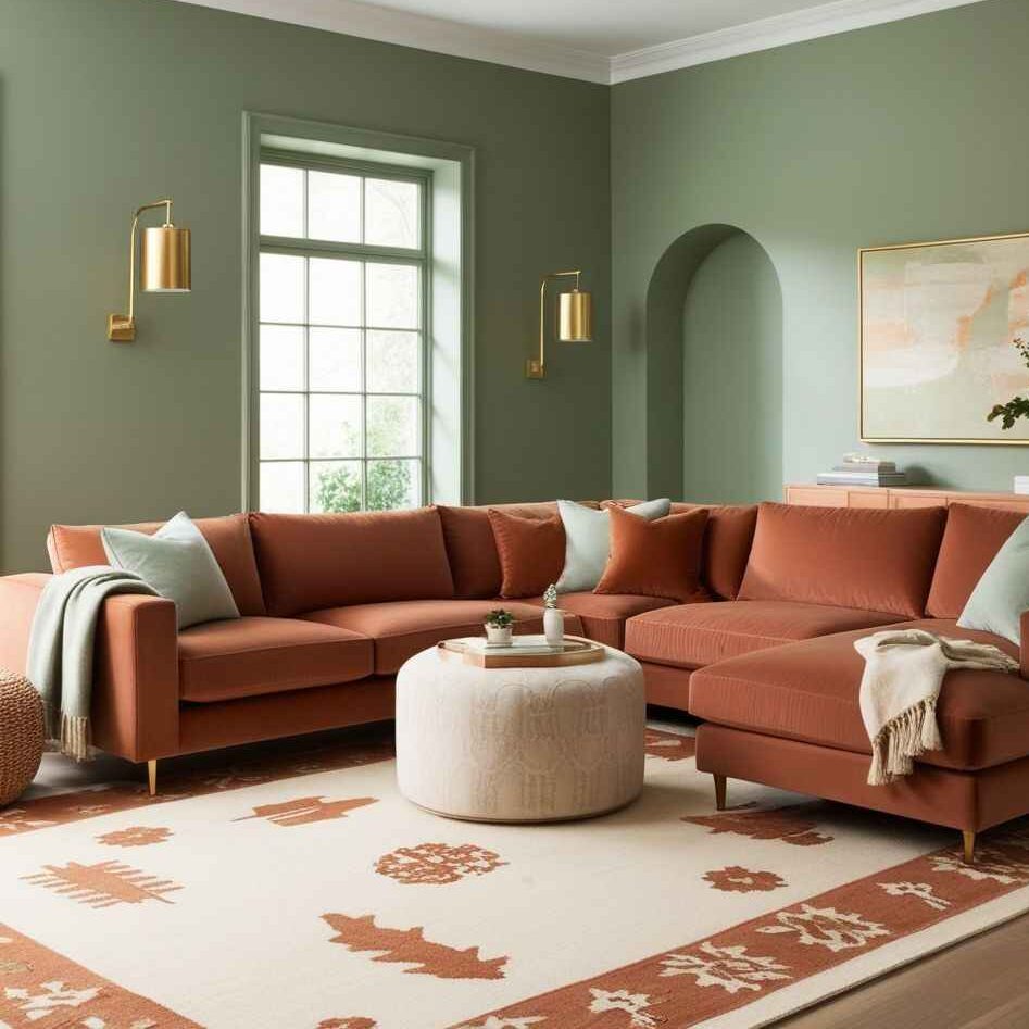 Pair sage green with sofa and cushion and white windows