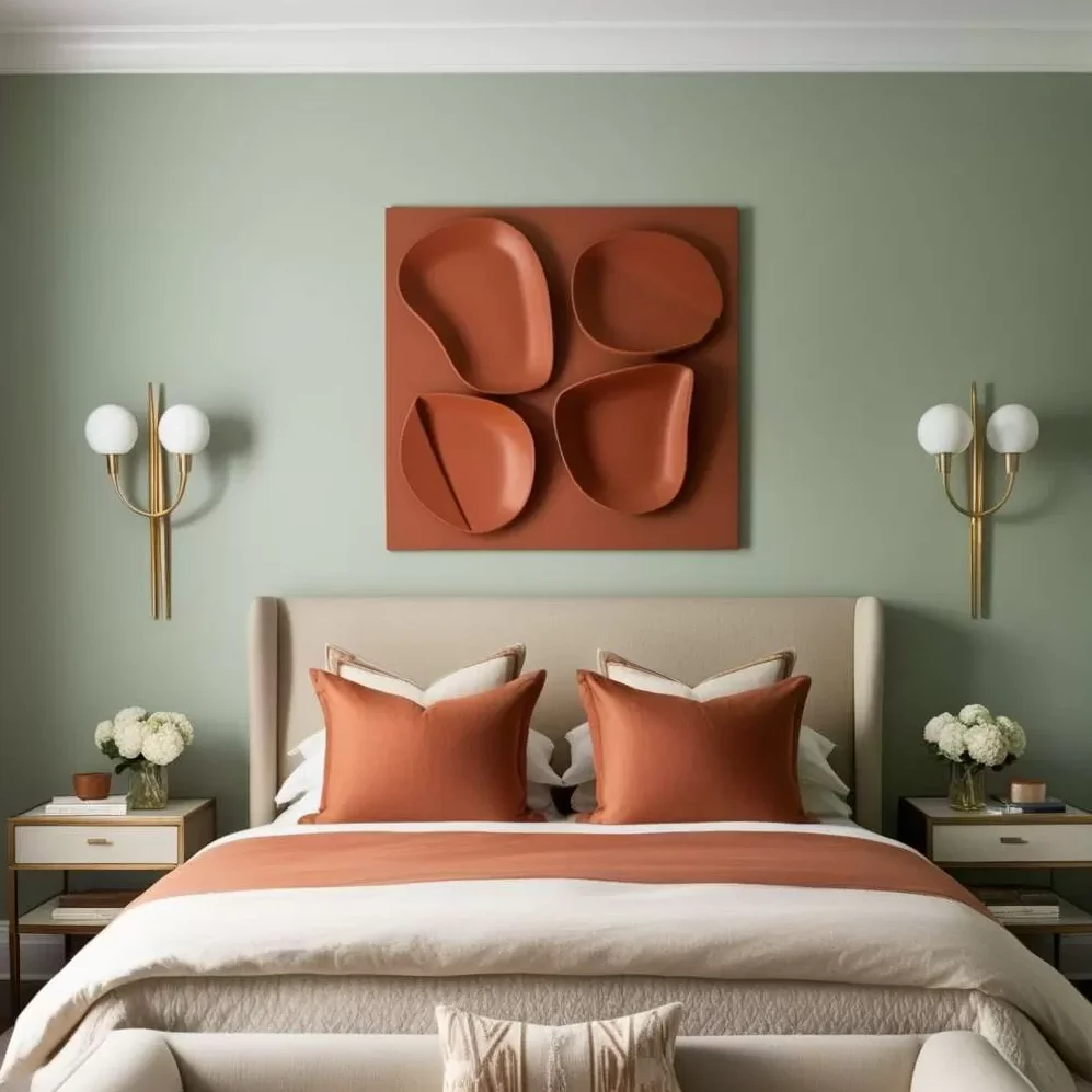 A sage green bedroom with bed and terracotta accents 