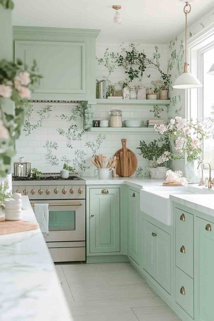 A sage green kitchen with wallpaper and white countertop