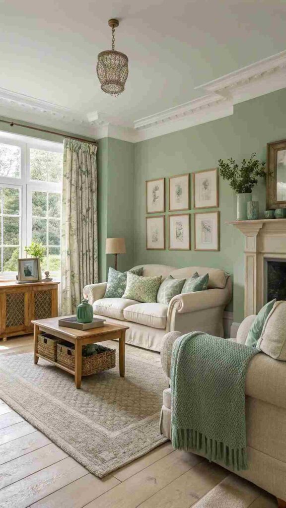 A living room with frames wall
