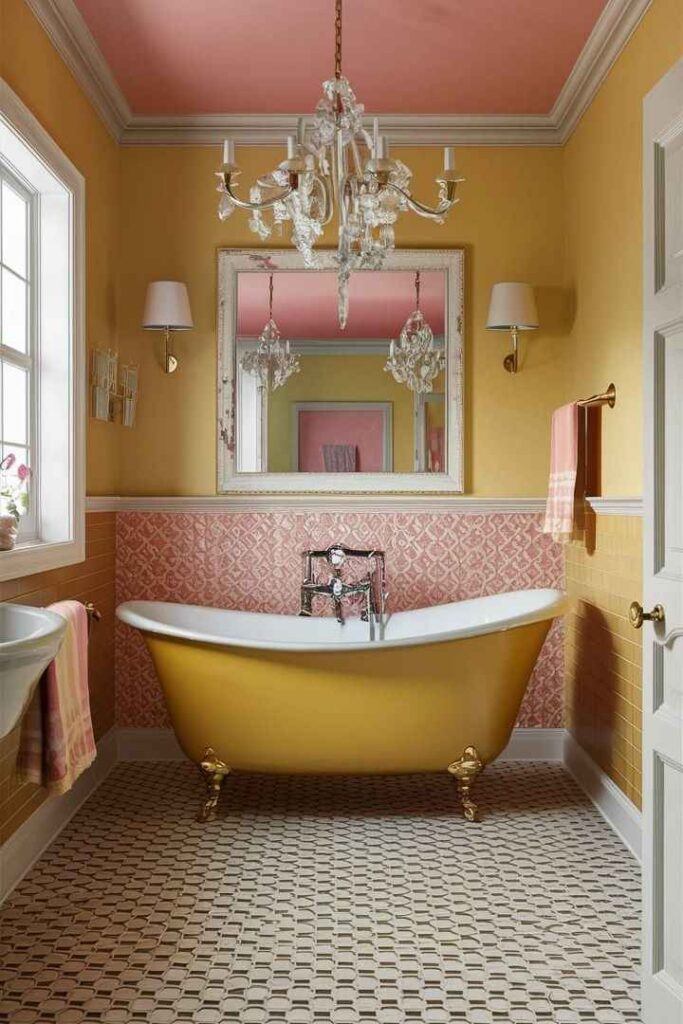 A pink bathroom with yellow accents and bathtub