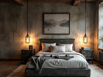 A bedroom with lamp and painting on the wall