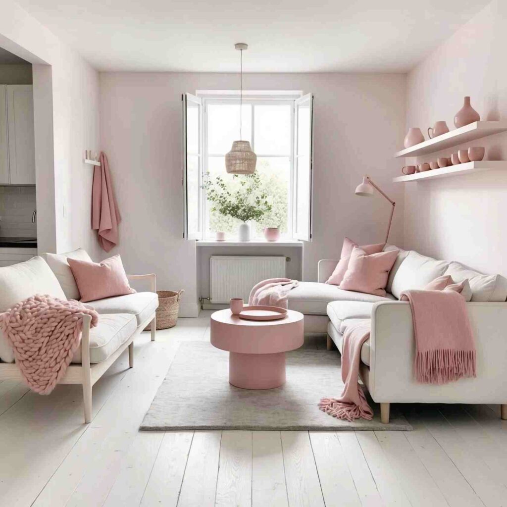 A pink table with white living room and windows and shelves on the wall