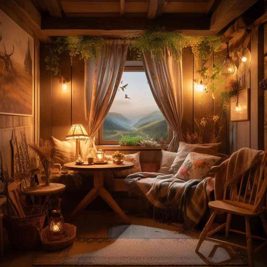 A living room with warm lights and chair and wooden floor