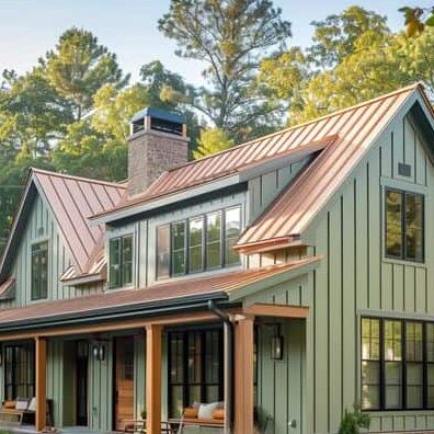 A brown roof on green house and windows and lihts on the wall 