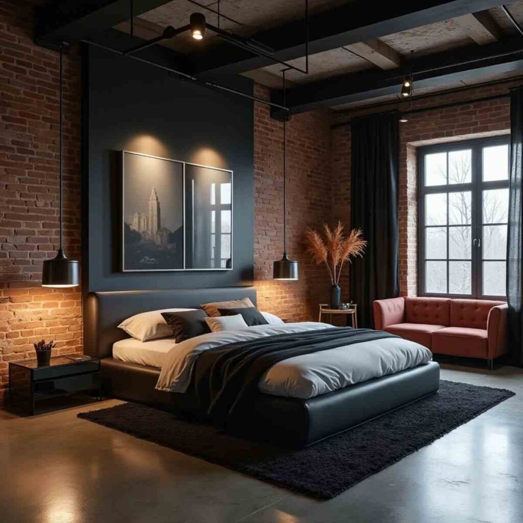 A red brick wall with black accents and wooden floor and black rug