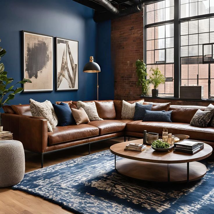 A blue living room with black accents and painting on the wall