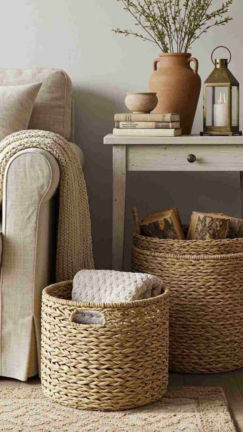 A woven baskets with wooden deck