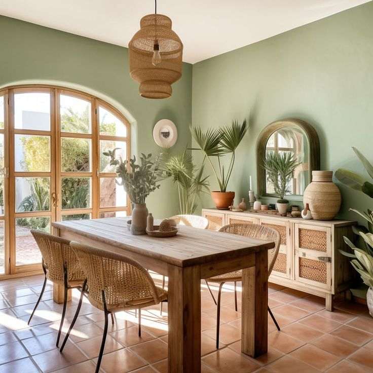 A sage green living room with wooden table and chair