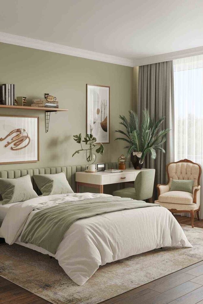 A sage green bedroom with paintibg on the wall and sofa and windows and wooden floor