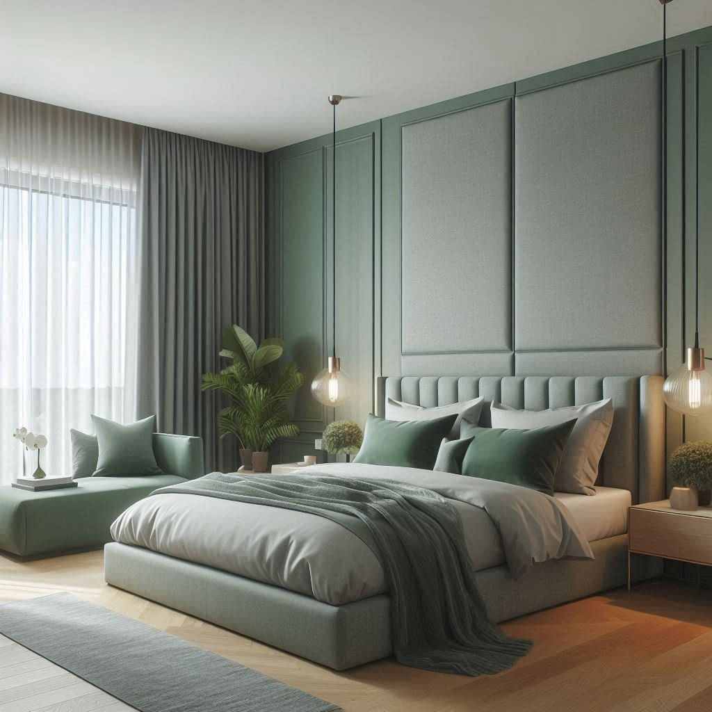 A sage green with Sage Upholstered Headboard and lights on the side