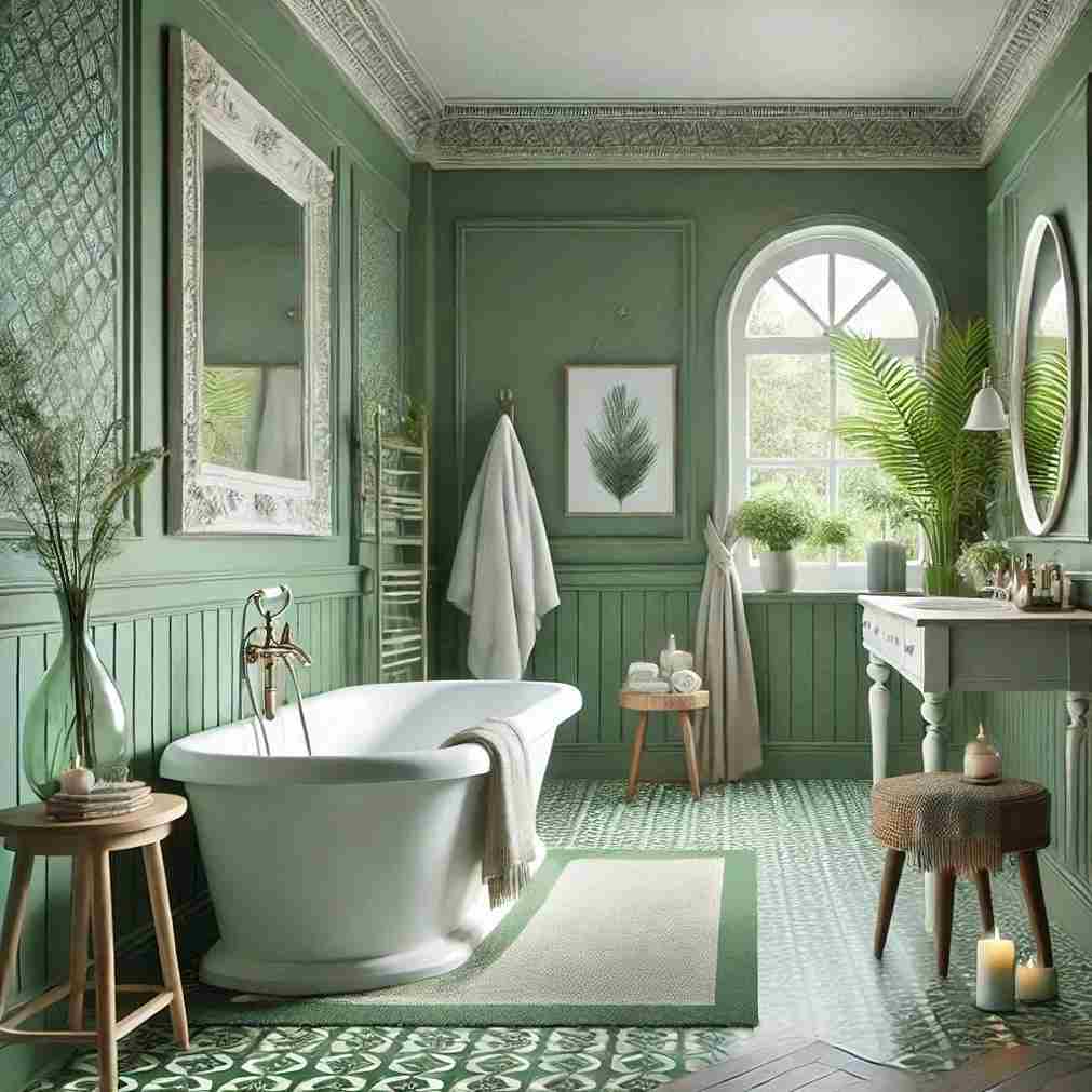 A sage green bathroom with white bathtub and green floor