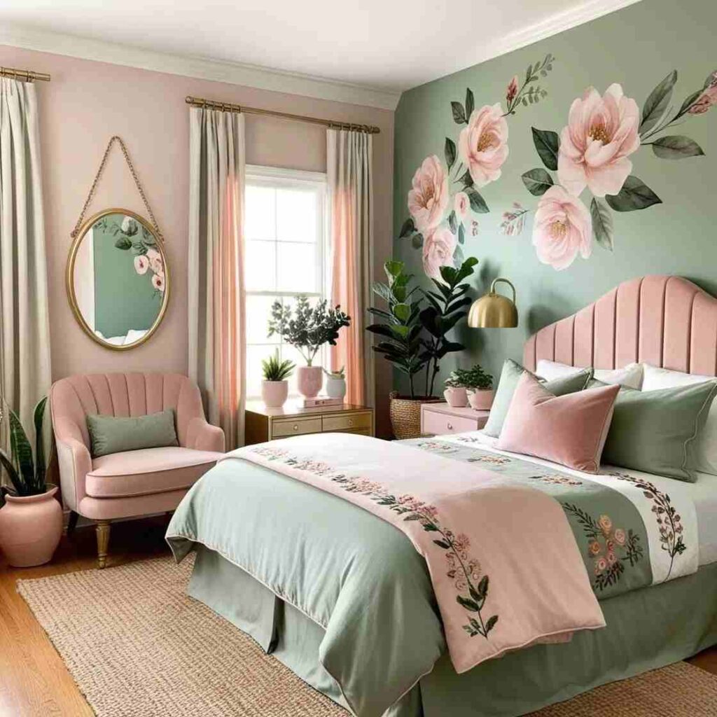A sage green with peach accents and bed with cushion and hanging painting on the wall