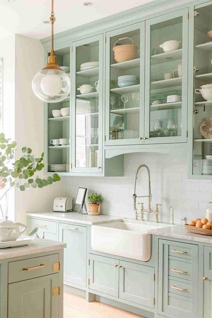 A sage green cabinets with with countertop and white sink