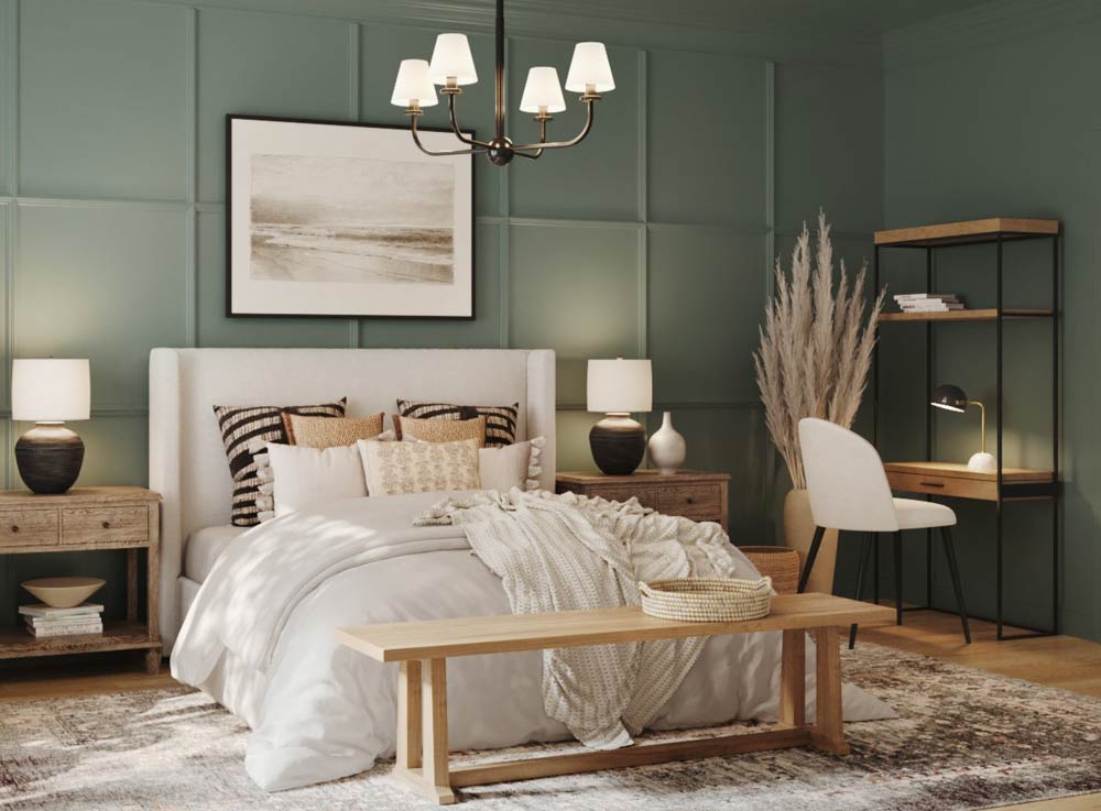 A olive green with Sculptural lighting in bedroom and wooden study table with chairs