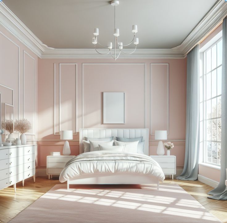 A pink bedroom with white wainscoting