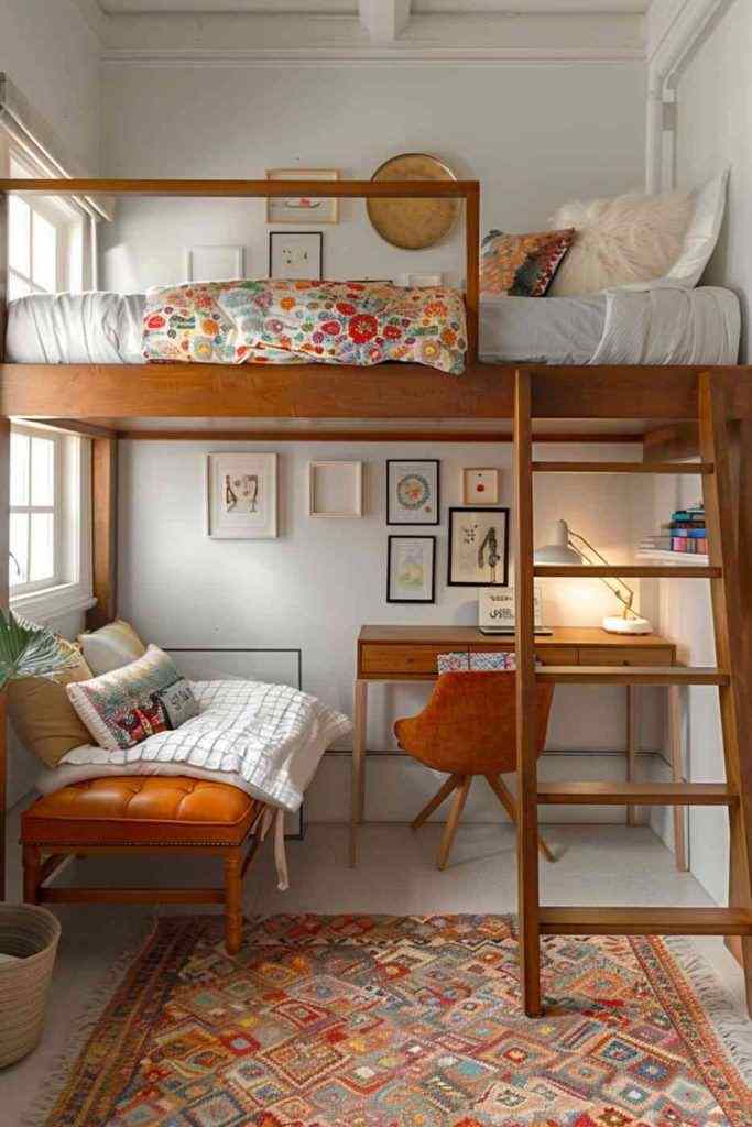 A loft bed with stair and study deck and rug on the floor